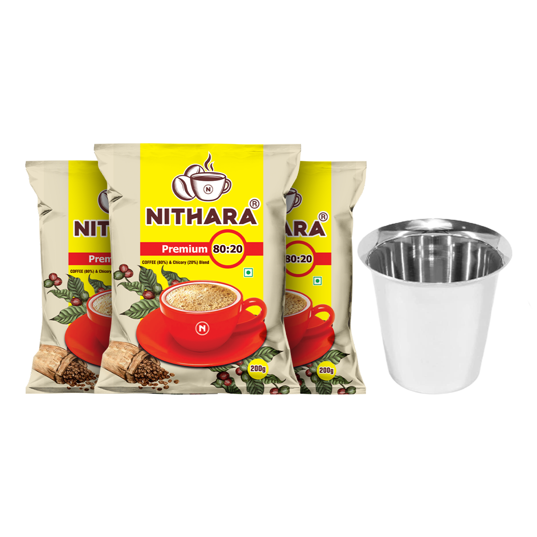 Nithara Premium | 80% Coffee, 20% Chicory Filter Coffee | 200g (Free Spoon) | 600g (Free Tumbler) | 1kg (Free Dabara Set)