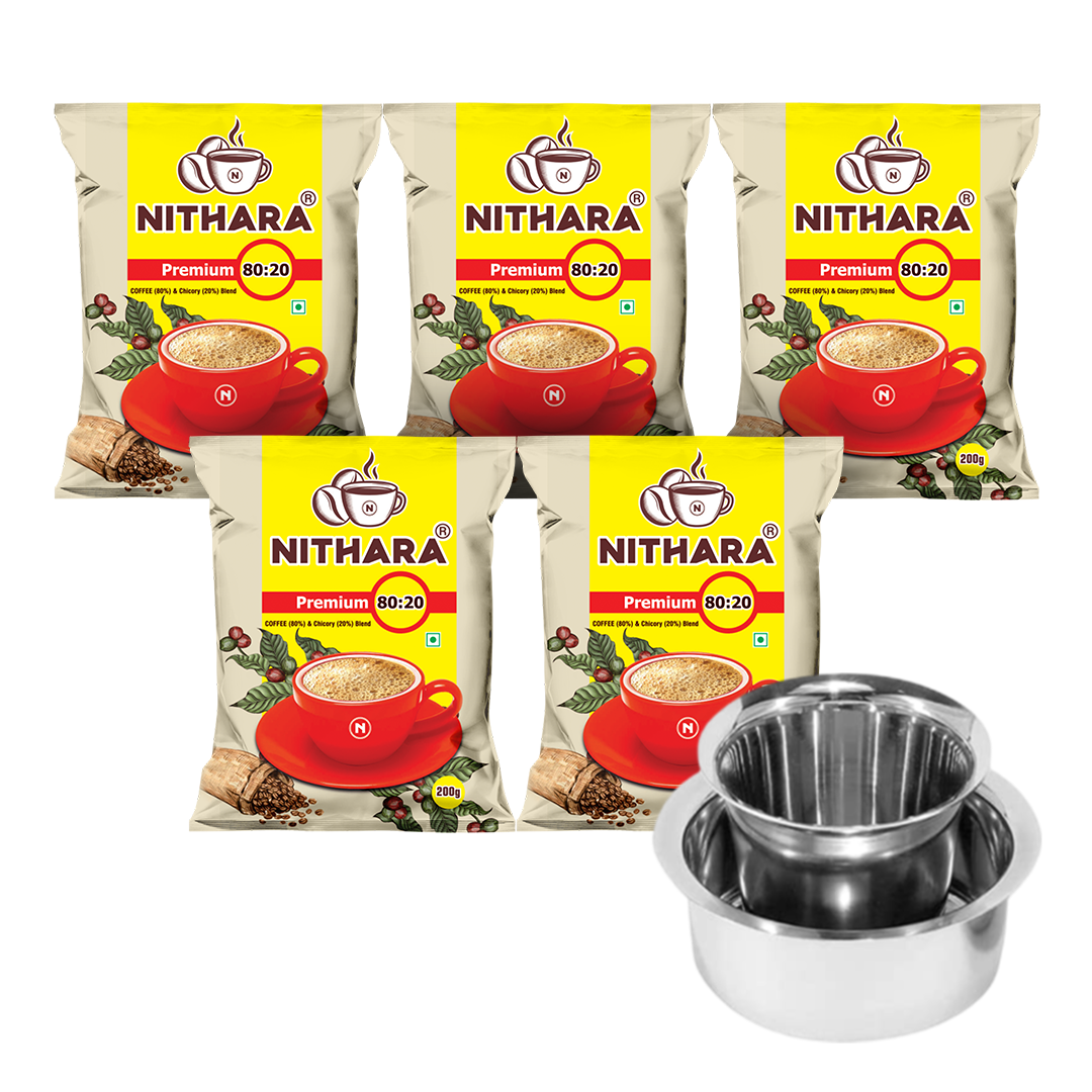 Nithara Premium | 80% Coffee, 20% Chicory Filter Coffee | 200g (Free Spoon) | 600g (Free Tumbler) | 1kg (Free Dabara Set)
