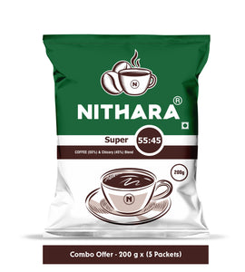 Nithara Super - 55% Coffee, 45% Chicory Filter Coffee - 1kg (200g X 5 Packets) - Combo